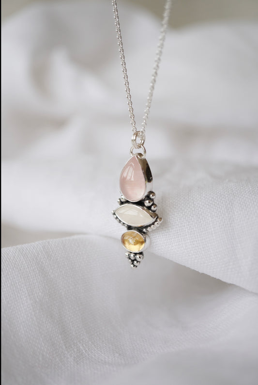 Rose quartz-moonstone-citrine necklace